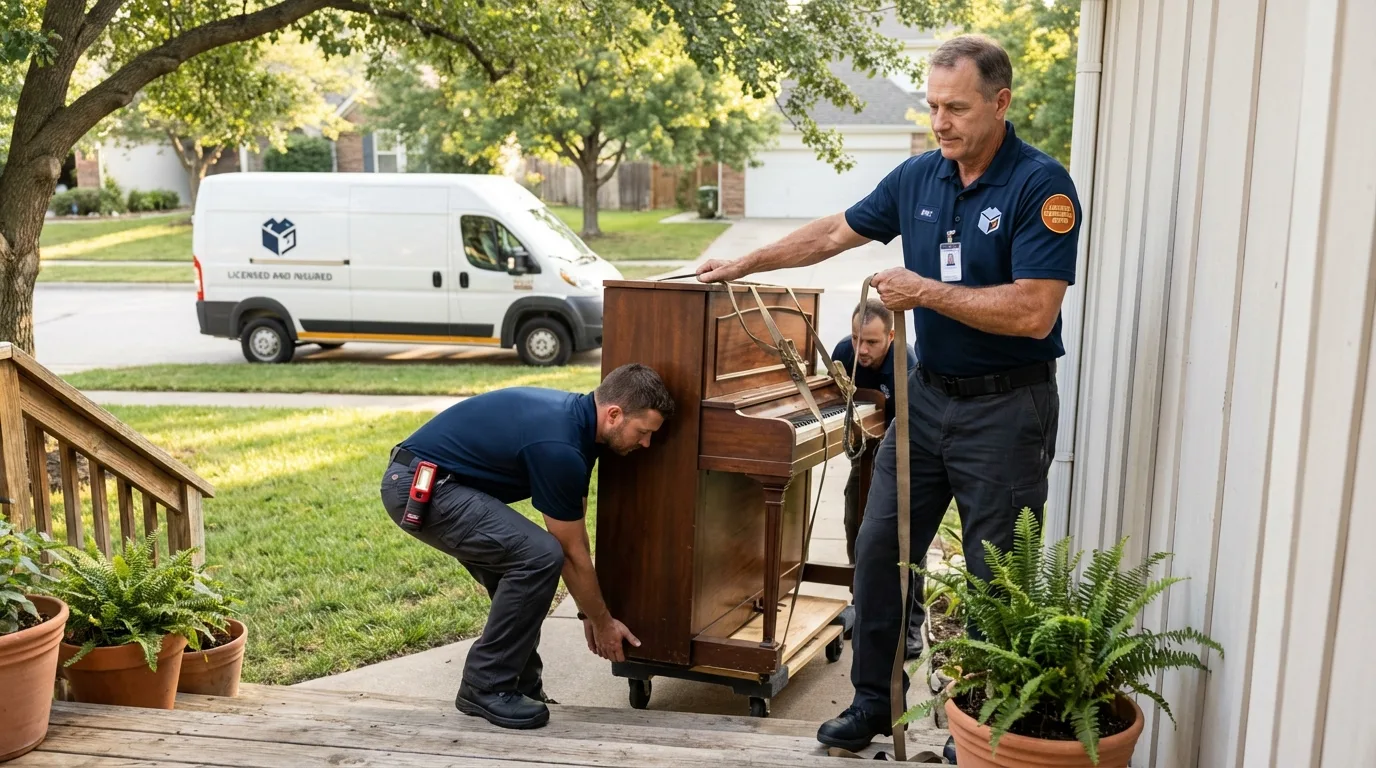 Licensed piano movers securing grand piano in Clinton, ME