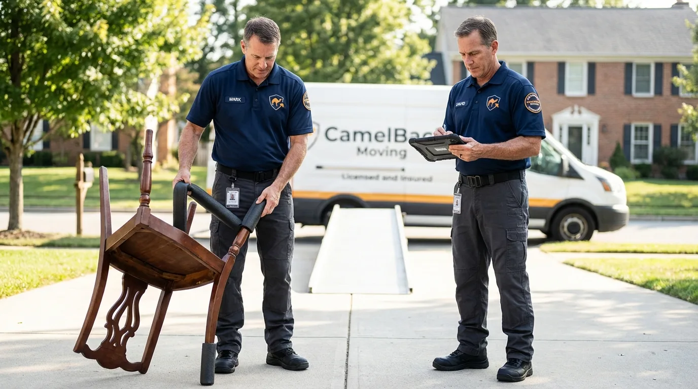 Movers inspecting furniture for damage prevention before loading in Clinton, ME